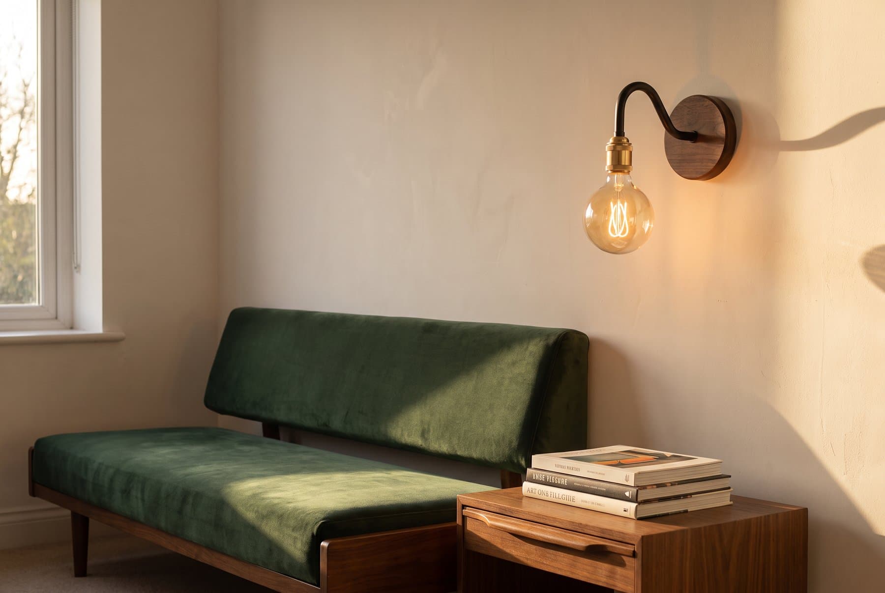 A black and brass swan neck wall light on a walnut plate above a green velvet sofa