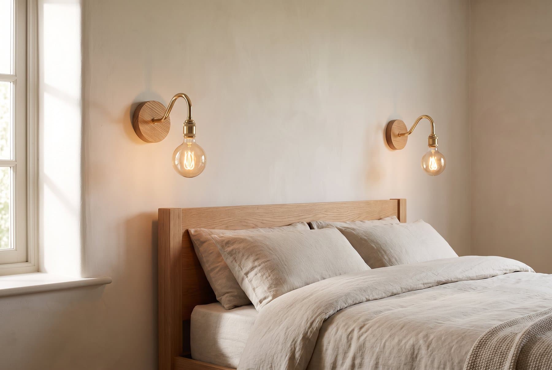 A pair of brass swan neck wall lights on oak plates either side of a bed with linen bedding
