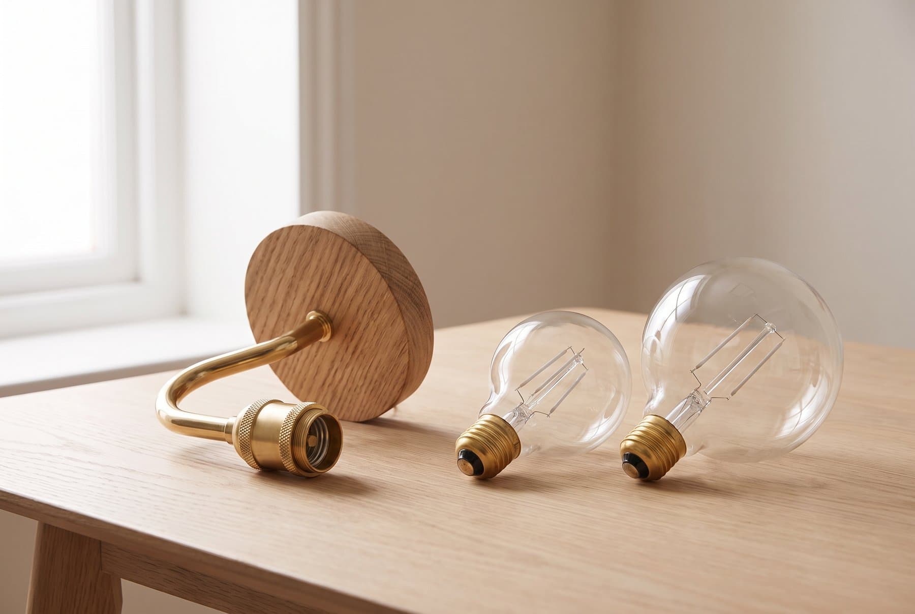 A swan neck wall light on an oak table beside a G95 and a G125 globe filament bulb