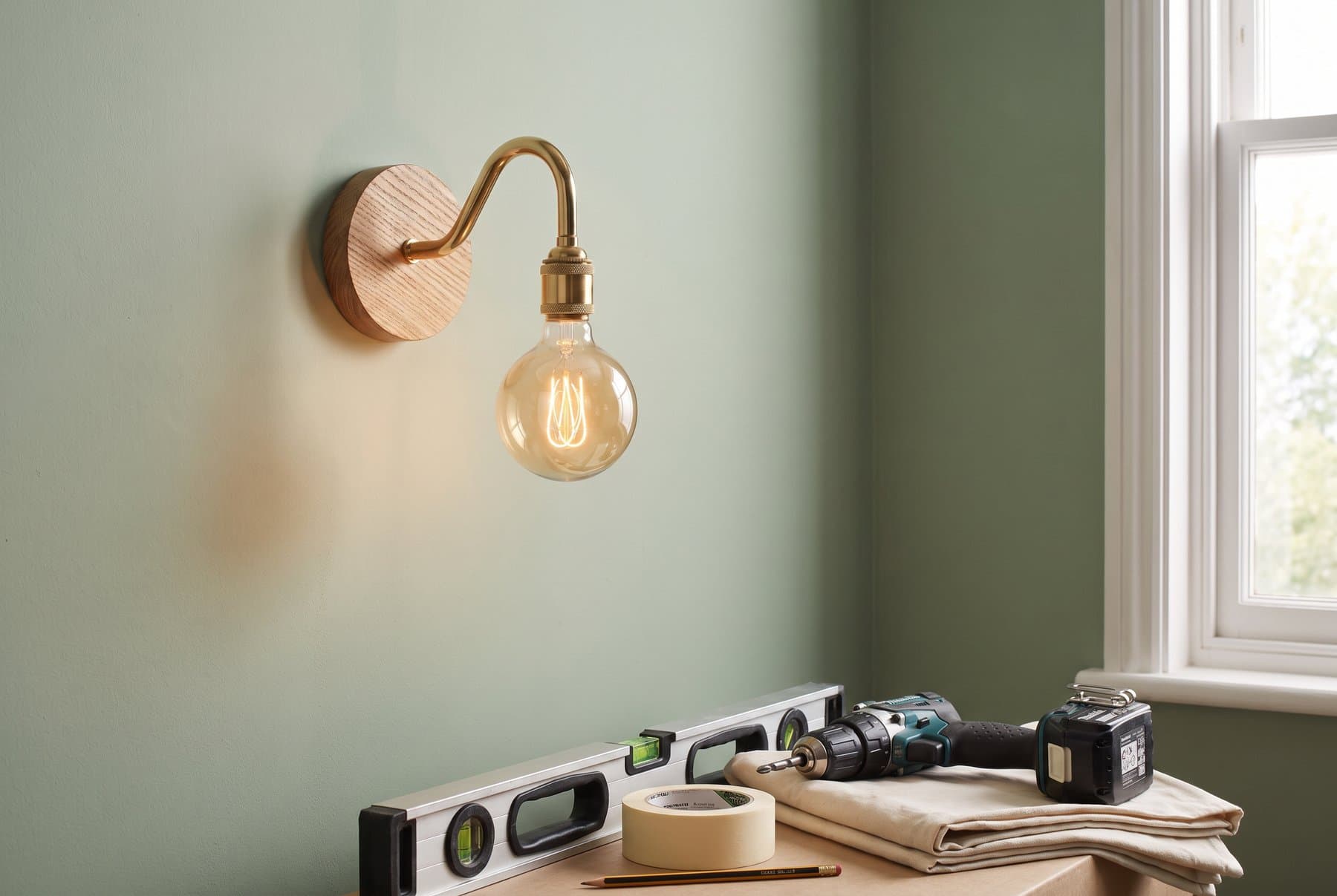 A brass swan neck wall light newly fitted on a sage green wall, spirit level and drill below
